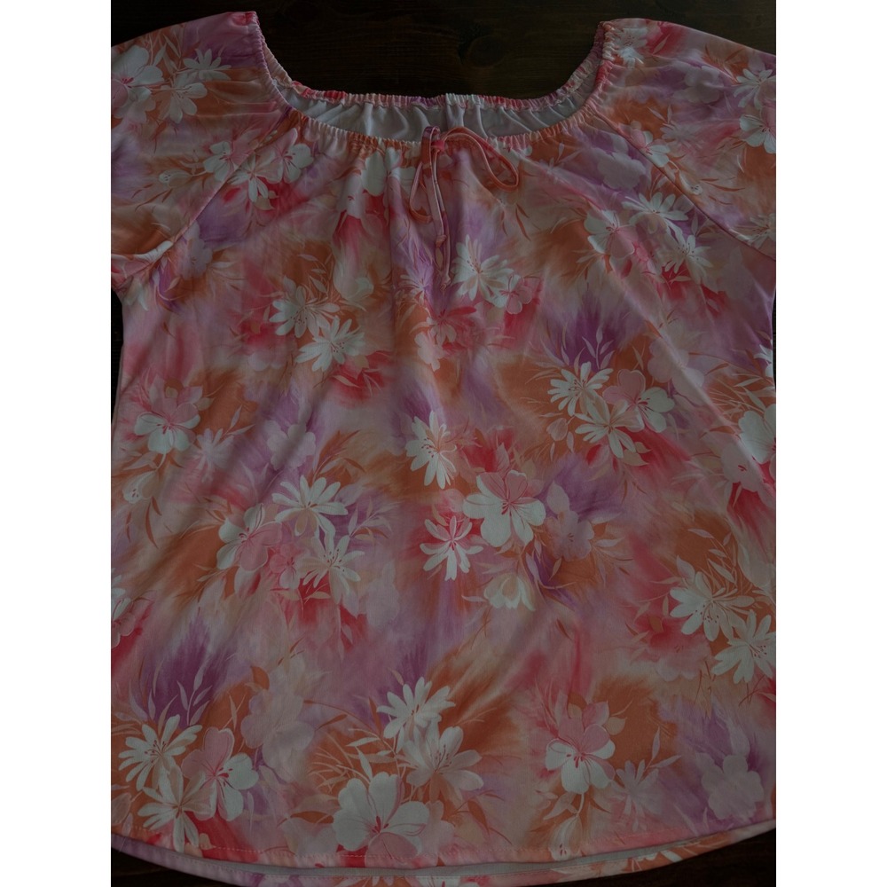 VTG Pink Orange Floral Peasant Blouse Short Sleeve Scoop Neck Tie Front‎ Top